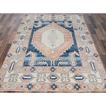 Load image into Gallery viewer, 4&#39;10&quot;x6&#39;9&quot; Peach Color With Imperial Blue, Turkish Knot, Zero Pile, Sheared Low, Anatolian Village Design, Hand Knotted, Pure Wool, Oriental Rug FWR12654