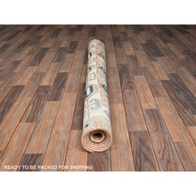 Load image into Gallery viewer, 4&#39;10&quot;x6&#39;9&quot; Peach Color With Imperial Blue, Turkish Knot, Zero Pile, Sheared Low, Anatolian Village Design, Hand Knotted, Pure Wool, Oriental Rug FWR12654