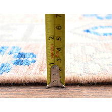 Load image into Gallery viewer, 4&#39;10&quot;x6&#39;9&quot; Peach Color With Imperial Blue, Turkish Knot, Zero Pile, Sheared Low, Anatolian Village Design, Hand Knotted, Pure Wool, Oriental Rug FWR12654