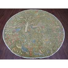 Load image into Gallery viewer, 8&#39;x8&#39; Pickle Green, Afghan Peshawar With Colorful Birds Of Paradise Design, Hand Knotted, Pure Wool, Natural Dyes, Round, Oriental Rug FWR126654