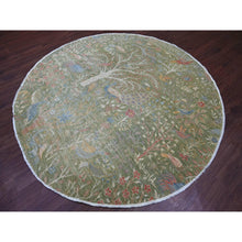 Load image into Gallery viewer, 8&#39;x8&#39; Pickle Green, Afghan Peshawar With Colorful Birds Of Paradise Design, Hand Knotted, Pure Wool, Natural Dyes, Round, Oriental Rug FWR126654