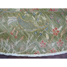 Load image into Gallery viewer, 8&#39;x8&#39; Pickle Green, Afghan Peshawar With Colorful Birds Of Paradise Design, Hand Knotted, Pure Wool, Natural Dyes, Round, Oriental Rug FWR126654
