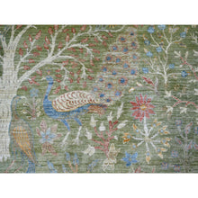 Load image into Gallery viewer, 8&#39;x8&#39; Pickle Green, Afghan Peshawar With Colorful Birds Of Paradise Design, Hand Knotted, Pure Wool, Natural Dyes, Round, Oriental Rug FWR126654