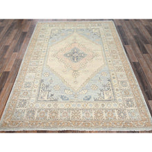 Load image into Gallery viewer, 4&#39;10&quot;x6&#39;9&quot; Beige, Hand Knotted, Turkish Knot, Zero Pile, Sheared Low, Anatolian Village Design, Pure Wool, Oriental Rug FWR12660