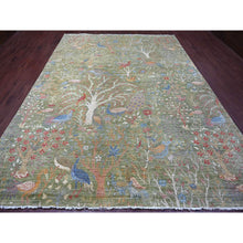 Load image into Gallery viewer, 9&#39;x12&#39; Pickle Green, Hand Knotted, Afghan Peshawar With Colorful Birds Of Paradise Design, Soft Wool, Natural Dyes, Oriental Rug FWR126672