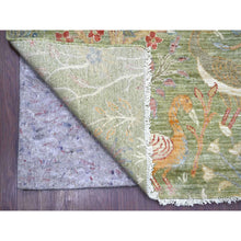 Load image into Gallery viewer, 9&#39;x12&#39; Pickle Green, Hand Knotted, Afghan Peshawar With Colorful Birds Of Paradise Design, Soft Wool, Natural Dyes, Oriental Rug FWR126672