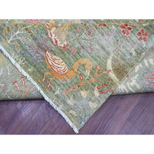 Load image into Gallery viewer, 9&#39;x12&#39; Pickle Green, Hand Knotted, Afghan Peshawar With Colorful Birds Of Paradise Design, Soft Wool, Natural Dyes, Oriental Rug FWR126672