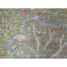 Load image into Gallery viewer, 9&#39;x12&#39; Pickle Green, Hand Knotted, Afghan Peshawar With Colorful Birds Of Paradise Design, Soft Wool, Natural Dyes, Oriental Rug FWR126672