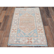 Load image into Gallery viewer, 1&#39;9&quot;x3&#39;1&quot; Light Blue With Peach Color, Turkish Knot, Zero Pile, Sheared Low, Anatolian Village Design, Hand Knotted, Pure Wool, Mat, Sample, Oriental Rug FWR12696