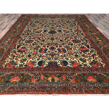 Load image into Gallery viewer, 10&#39;3&quot;x13&#39;5&quot; Lemon Icing with Alice Blue, Antique Persian Kashan, Flower and Fruit Design, Kork Wool with 300 KPSI, Full Pile, Soft and in Excellent Condition, Sides and Ends Professionally Secured, Oriental Rug FWR1278