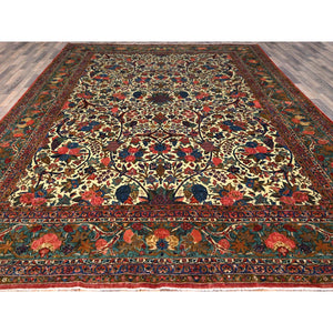 10'3"x13'5" Lemon Icing with Alice Blue, Antique Persian Kashan, Flower and Fruit Design, Kork Wool with 300 KPSI, Full Pile, Soft and in Excellent Condition, Sides and Ends Professionally Secured, Oriental Rug FWR1278