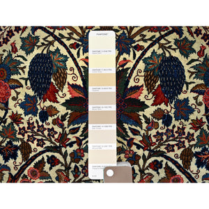 10'3"x13'5" Lemon Icing with Alice Blue, Antique Persian Kashan, Flower and Fruit Design, Kork Wool with 300 KPSI, Full Pile, Soft and in Excellent Condition, Sides and Ends Professionally Secured, Oriental Rug FWR1278