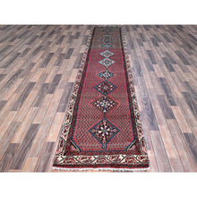 Load image into Gallery viewer, 2&#39;6&quot;x12&#39;9&quot; Pompeian Red, Distressed Look With No Holes, Distinct Abrash, Vintage Persian Hamadan and Geometric Elements, Hand Knotted, Soft Wool, Sides And Ends Secured, Runner Oriental Rug Sh216 FWR1296