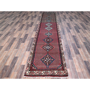 2'6"x12'9" Pompeian Red, Distressed Look With No Holes, Distinct Abrash, Vintage Persian Hamadan and Geometric Elements, Hand Knotted, Soft Wool, Sides And Ends Secured, Runner Oriental Rug Sh216 FWR1296