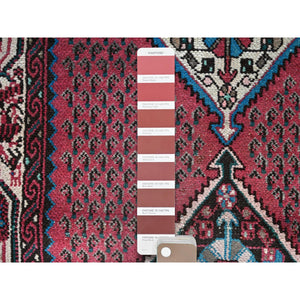 2'6"x12'9" Pompeian Red, Distressed Look With No Holes, Distinct Abrash, Vintage Persian Hamadan and Geometric Elements, Hand Knotted, Soft Wool, Sides And Ends Secured, Runner Oriental Rug Sh216 FWR1296