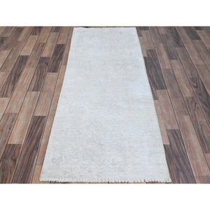 2'1"x5'10" Papyrus White, Worn Down Fragment, Organic Wool Hand Knotted White Wash Old Persian Tabriz, Distressed Look and Sheared Low, Sides and Ends Secured, Oriental Runner Rug FWR1320