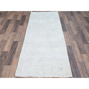 2'2"x5'10" Alabaster White, Distressed Look With No Holes, Pure Wool, Hand Knotted, Evenly Worn, Sheared Low Fragment, White Washed Persian Tabriz, Sides And Ends Secured Professionally, Vintage Runner Oriental Rug Sh225 FWR1350