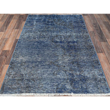 Load image into Gallery viewer, 3&#39;1&quot;x5&#39;1&quot; Lichen Blue, Borderless, Overdyed Vintage Persian Tabriz, Sides and Ends Professionally Secured and Cleaned, Fragment, Hand Knotted, Sheared Low, Abrash Distressed Wool Oriental Rug FWR1404