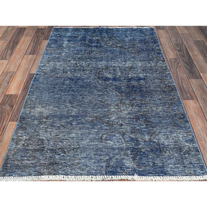 3'1"x5'1" Lichen Blue, Borderless, Overdyed Vintage Persian Tabriz, Sides and Ends Professionally Secured and Cleaned, Fragment, Hand Knotted, Sheared Low, Abrash Distressed Wool Oriental Rug FWR1404