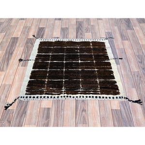 1'8"x2' Chocolate Brown, Natural Undyed Wool, Moroccan Weave, Grid Design Sample, Hand Knotted, Oriental Rug FWR1470