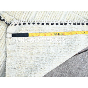 1'8"x2' Bone White, Natural Undyed Wool, Moroccan Weave, Grid Design Sample, Hand Knotted, Oriental Rug FWR1488