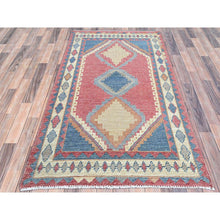 Load image into Gallery viewer, 2&#39;9&quot;x4&#39;9&quot; Rouge Pink, Anatolian Geometric Village Design, Zero Pile, Shaved Low, 100% Wool, Hand Knotted, Oriental Rug FWR1494