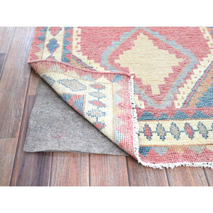 2'9"x4'9" Rouge Pink, Anatolian Geometric Village Design, Zero Pile, Shaved Low, 100% Wool, Hand Knotted, Oriental Rug FWR1494