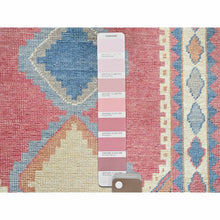 Load image into Gallery viewer, 2&#39;9&quot;x4&#39;9&quot; Rouge Pink, Anatolian Geometric Village Design, Zero Pile, Shaved Low, 100% Wool, Hand Knotted, Oriental Rug FWR1494