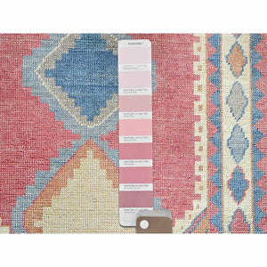 2'9"x4'9" Rouge Pink, Anatolian Geometric Village Design, Zero Pile, Shaved Low, 100% Wool, Hand Knotted, Oriental Rug FWR1494