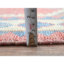 Load image into Gallery viewer, 2&#39;9&quot;x4&#39;9&quot; Rouge Pink, Anatolian Geometric Village Design, Zero Pile, Shaved Low, 100% Wool, Hand Knotted, Oriental Rug FWR1494