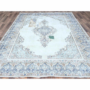 7'2"x10'1" Misty Blue, Vintage Persian Kerman, Sheared Thin, Dense Weave, Nicely Done Patches, 100% Wool, Hand Knotted Oriental Rug FWR1500