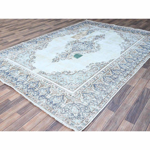 7'2"x10'1" Misty Blue, Vintage Persian Kerman, Sheared Thin, Dense Weave, Nicely Done Patches, 100% Wool, Hand Knotted Oriental Rug FWR1500