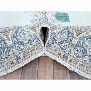 7'2"x10'1" Misty Blue, Vintage Persian Kerman, Sheared Thin, Dense Weave, Nicely Done Patches, 100% Wool, Hand Knotted Oriental Rug FWR1500