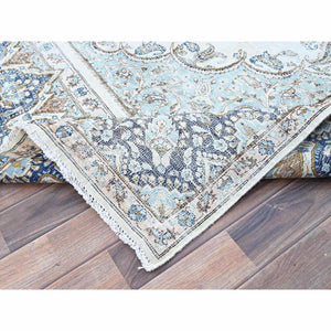 7'2"x10'1" Misty Blue, Vintage Persian Kerman, Sheared Thin, Dense Weave, Nicely Done Patches, 100% Wool, Hand Knotted Oriental Rug FWR1500