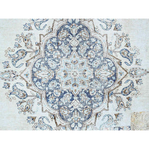 7'2"x10'1" Misty Blue, Vintage Persian Kerman, Sheared Thin, Dense Weave, Nicely Done Patches, 100% Wool, Hand Knotted Oriental Rug FWR1500