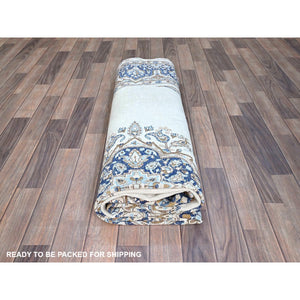 7'2"x10'1" Misty Blue, Vintage Persian Kerman, Sheared Thin, Dense Weave, Nicely Done Patches, 100% Wool, Hand Knotted Oriental Rug FWR1500