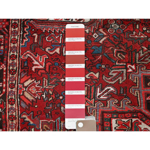 7'7"x10'9" Carmine Red, Vintage Persian Heriz With Geometric Medallion Design, Worn And Distressed, 100% Wool, Hand Knotted, Cropped Thin, Clean, Sides And Ends Professionally Secured, Oriental Rug FWR1542
