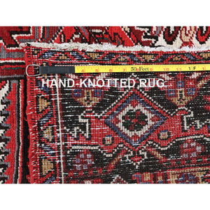 7'7"x10'9" Carmine Red, Vintage Persian Heriz With Geometric Medallion Design, Worn And Distressed, 100% Wool, Hand Knotted, Cropped Thin, Clean, Sides And Ends Professionally Secured, Oriental Rug FWR1542