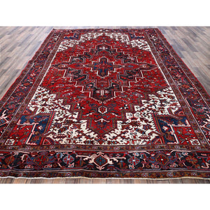 7'9"x10' Scarlet Red, Vintage Persian Heriz with Geometric Medallion Design, 100% Wool, Hand Knotted, Evenly Worn, Shaved Low, Good Condition, Clean, Sides and Ends Professionally Secured, Oriental Rug FWR1620