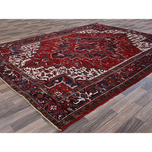7'9"x10' Scarlet Red, Vintage Persian Heriz with Geometric Medallion Design, 100% Wool, Hand Knotted, Evenly Worn, Shaved Low, Good Condition, Clean, Sides and Ends Professionally Secured, Oriental Rug FWR1620