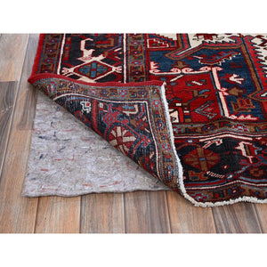 7'9"x10' Scarlet Red, Vintage Persian Heriz with Geometric Medallion Design, 100% Wool, Hand Knotted, Evenly Worn, Shaved Low, Good Condition, Clean, Sides and Ends Professionally Secured, Oriental Rug FWR1620