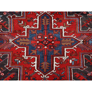 7'9"x10' Scarlet Red, Vintage Persian Heriz with Geometric Medallion Design, 100% Wool, Hand Knotted, Evenly Worn, Shaved Low, Good Condition, Clean, Sides and Ends Professionally Secured, Oriental Rug FWR1620