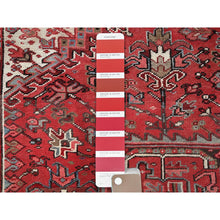 Load image into Gallery viewer, 9&#39;4&quot;x12&#39;10&quot; Crimson Red, Vintage Persian Heriz With Large Medallion Design, Pure Wool, Hand Knotted, Even Wear, Cropped Thin, Good Condition, Sides And Ends Professionally Secured, Oriental Rug FWR1626