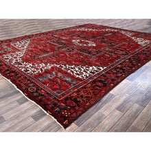 Load image into Gallery viewer, 9&#39;6&quot;x12&#39;9&quot; Crimson Red, Vintage Persian Heriz With Geometric Medallion Design, 100% Wool, Hand Knotted, Evenly Worn, Sheared Low, Good Condition, Sides And Ends Professionally Secured, Oriental Rug FWR1644