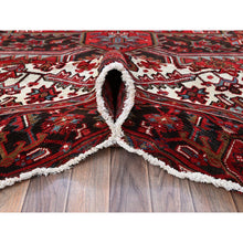 Load image into Gallery viewer, 9&#39;6&quot;x12&#39;9&quot; Crimson Red, Vintage Persian Heriz With Geometric Medallion Design, 100% Wool, Hand Knotted, Evenly Worn, Sheared Low, Good Condition, Sides And Ends Professionally Secured, Oriental Rug FWR1644