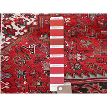 Load image into Gallery viewer, 9&#39;6&quot;x12&#39;9&quot; Crimson Red, Vintage Persian Heriz With Geometric Medallion Design, 100% Wool, Hand Knotted, Evenly Worn, Sheared Low, Good Condition, Sides And Ends Professionally Secured, Oriental Rug FWR1644