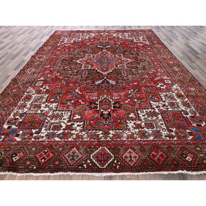 10'x12'4" Ruby Red, Vintage Persian Heriz With Geometric Medallion Design, Worn And Distressed, 100% Wool, Hand Knotted, Even Wear, Cropped Thin, Good Condition, Sides And Ends Professionally Secured, Oriental Rug FWR1656