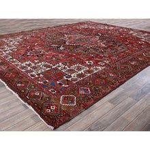 Load image into Gallery viewer, 10&#39;x12&#39;4&quot; Ruby Red, Vintage Persian Heriz With Geometric Medallion Design, Worn And Distressed, 100% Wool, Hand Knotted, Even Wear, Cropped Thin, Good Condition, Sides And Ends Professionally Secured, Oriental Rug FWR1656