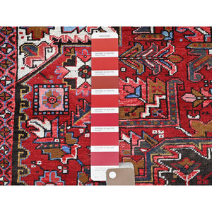 10'x12'4" Ruby Red, Vintage Persian Heriz With Geometric Medallion Design, Worn And Distressed, 100% Wool, Hand Knotted, Even Wear, Cropped Thin, Good Condition, Sides And Ends Professionally Secured, Oriental Rug FWR1656