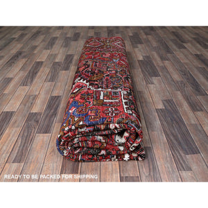 10'x12'4" Ruby Red, Vintage Persian Heriz With Geometric Medallion Design, Worn And Distressed, 100% Wool, Hand Knotted, Even Wear, Cropped Thin, Good Condition, Sides And Ends Professionally Secured, Oriental Rug FWR1656